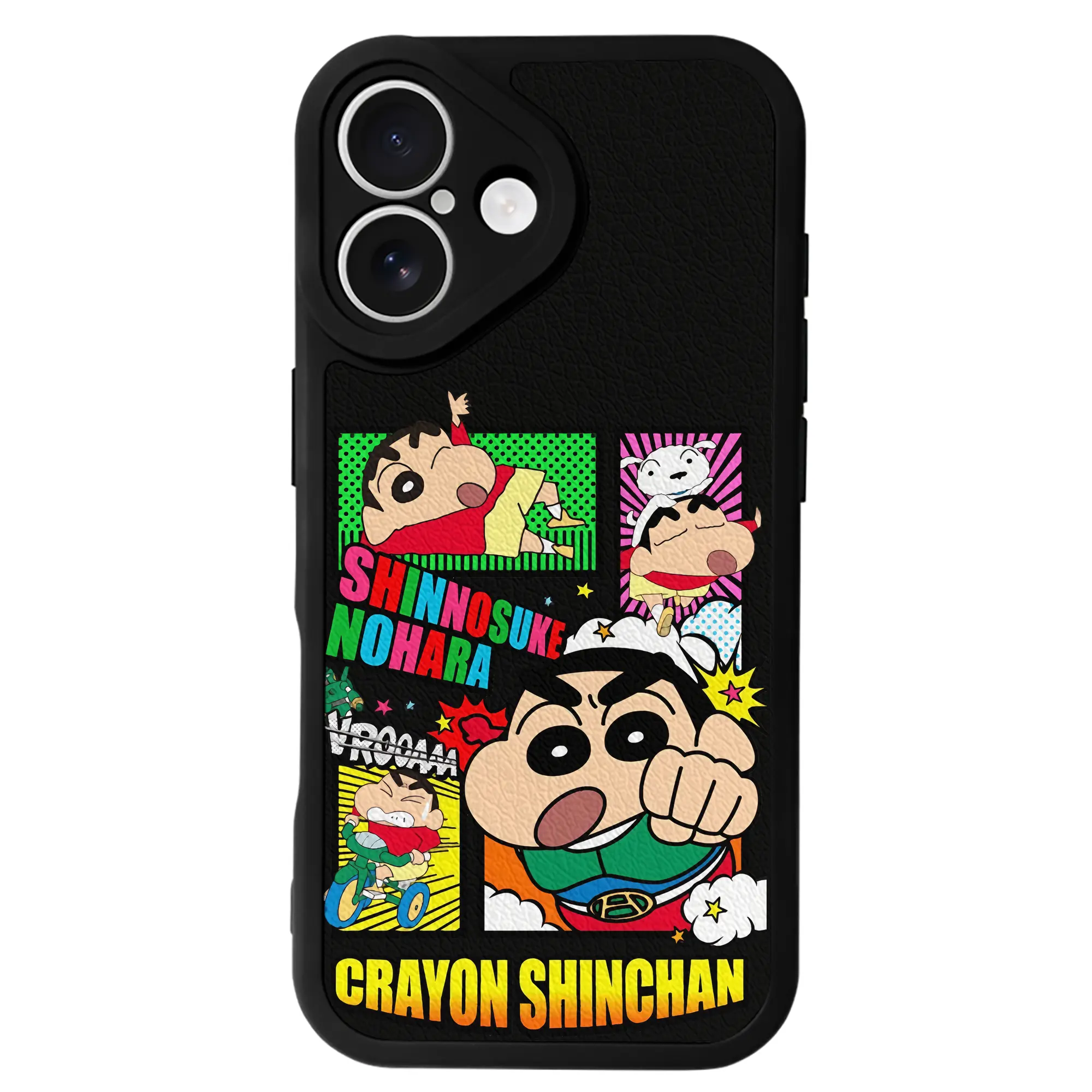 クレヨンしんちゃん グッズ アクション仮面 - IPhone 16シリーズ対応 ・ シリコンスマホケース ・ レザー調 ・ 高精度フィット ・ 耐衝撃 ・ ワイヤレス充電対応 ・ 精密カット